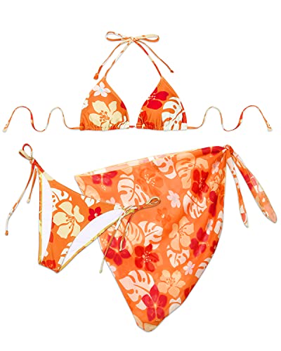 Tie Side Swim Bottom Mesh Beach Skirt Beach Wear Bikini Set-Orange Flowers