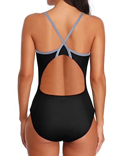 Sport Slimming Quality Fabric Athletic One Piece Swimsuits For Women-Black And Grey