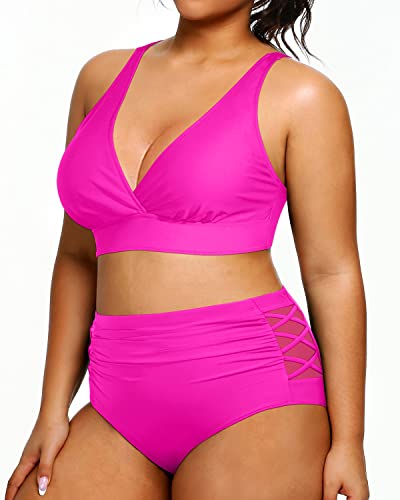 V Neck Plus Size Bikini Two Piece Bathing Suits Slimming Swimwear-Neon Pink