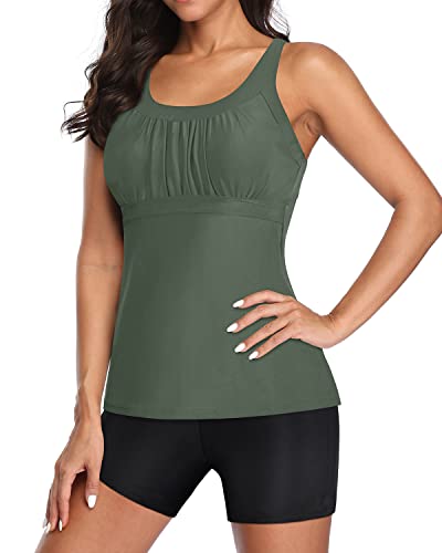 U Neck Swim Tank Top Racerback And Boyshort Swimwear For Women-Army Green And Black