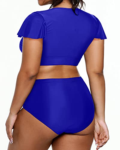 Womens Tummy Control Bathing Suits Short Sleeve Swimwear-Royal Blue