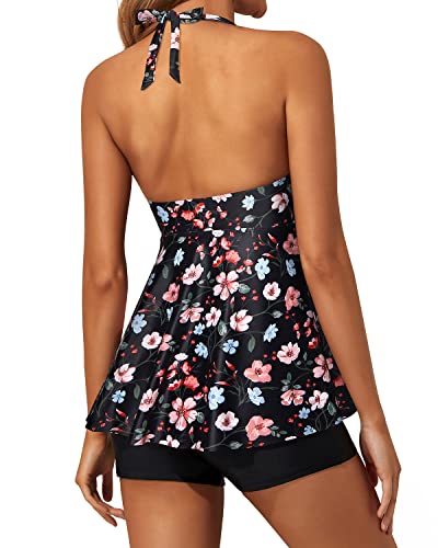 Two Piece Flowy Tankini Bathing Suits For Women Shorts-Black And Pink Floral