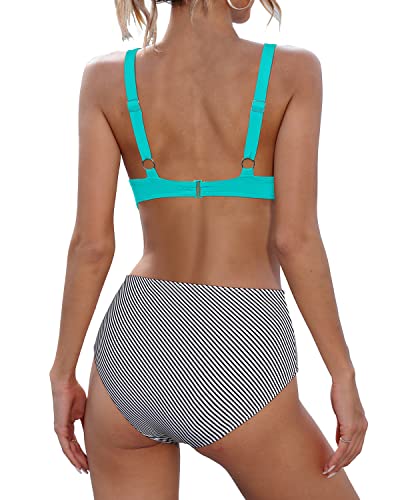 V Neck Two Piece High Waisted Bikini Tummy Control Bathing Suit-Aqua Stripe