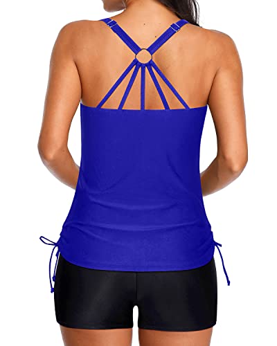 Tummy Control Athletic Tankini Swimsuits For Women Boyleg Bottom-Royal Blue And Black