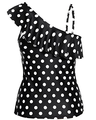 Slimming One Shoulder Tankini Top Front Ruching For Women-Black Dot