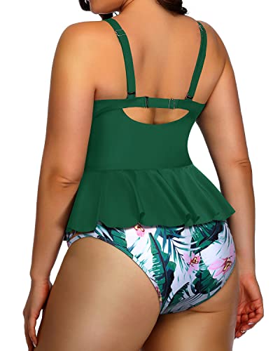 Women's Criss Cross Two Piece Swimsuit Removable Straps-Green Tropical Floral