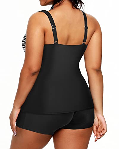 Ruched Plus Size Athletic Tankini Two Piece Swimsuits Shorts-Black And White Stripe