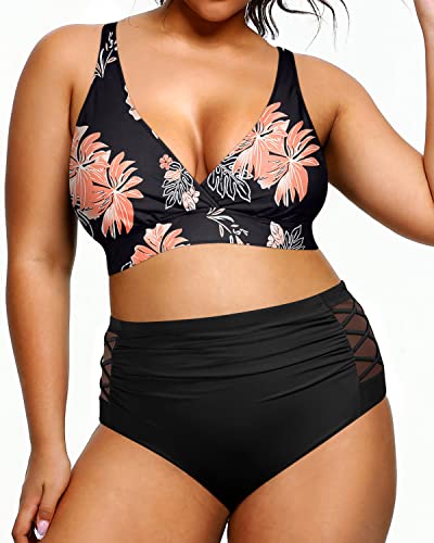 Women's Plus Size Bikini Two Piece Swimsuits Tummy Control Swimwear-Black Orange Floral