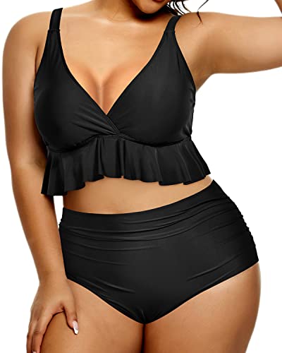 Women Plus Size High Waisted Bikini Set Tummy Control Ruffle Swimsuits For Women-Black