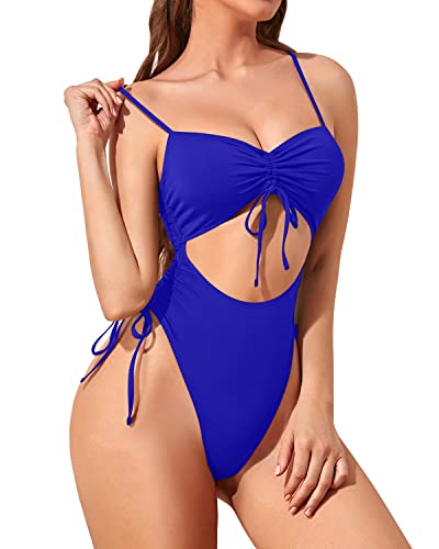 Sexy One Piece Swimsuit Adjustable Drawstring Thong Swimsuit For Women-Royal Blue