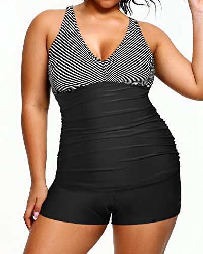 Ruched Plus Size Athletic Tankini Two Piece Swimsuits Shorts-Black And White Stripe