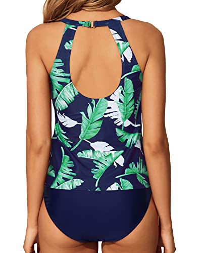 Two Piece Backless High Neck Tankini Swimsuits For Women-Blue Leaf