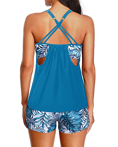 Women Loose Tankini Boy Shorts Tummy Control Two Piece Swimsuits-Blue Leaf