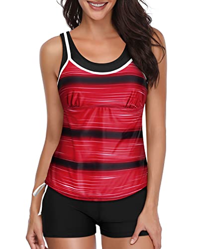 Athletic Double Up Bathing Suits Layered Design & Boyleg Bottom-Red Stripe