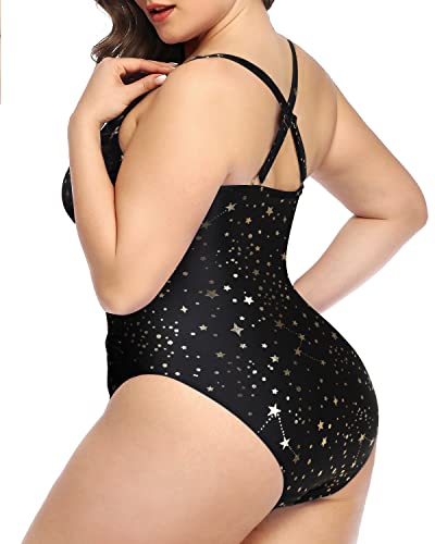 Adjustable Criss Cross Shoulder Straps Plus Size Slimming One Piece Swimsuit-Black Palm Tree,Gold Stars