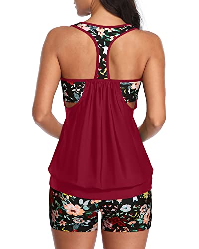 Ladies Sporty T-Back Tankini Swimwear Tummy Control Boy Shorts-Red Floral