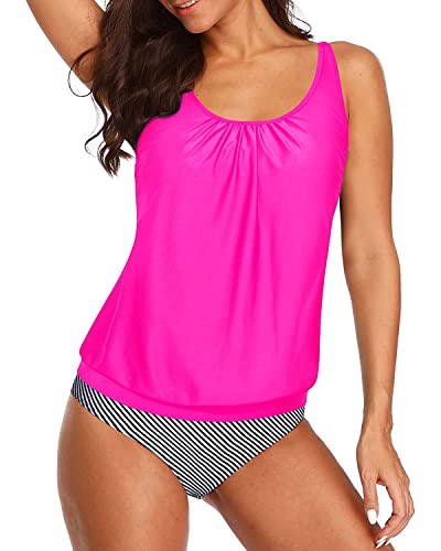 Elastic Band Two Piece Blouson Tankini Swimsuits For Women-Hot Pink Stripe