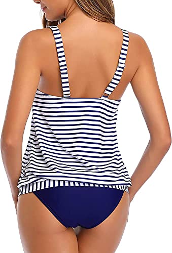 Women's Loose Fit Blouson Tankini Sets For Swimwear-Blue White Stripe