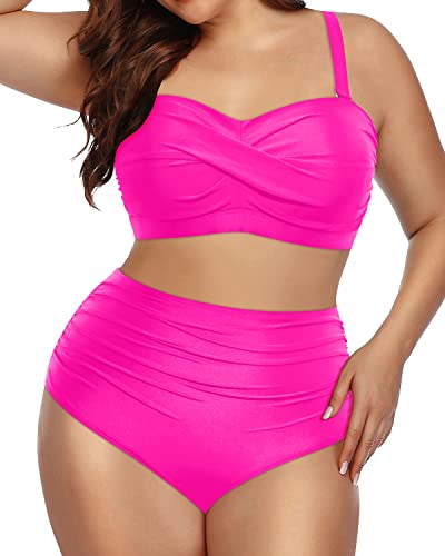 Women's Plus Size Two Piece Bandeau Bikini Tummy Control Swimwear-Neon Pink