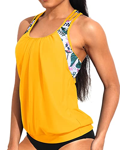 Ladies Tummy Control Long Swim Tank Top Modest Tankini Swimsuit-Yellow Floral