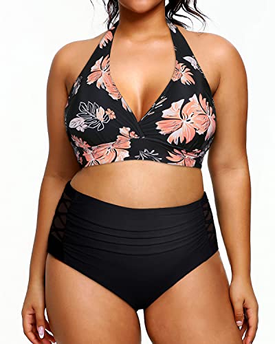 Women's Full Coverage Two Piece Plus Size Bikini Swimsuit-Black Orange Floral