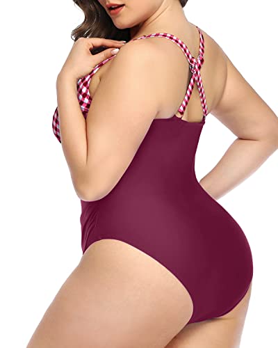 Tummy Control Lace Up Plunge V Neck Plus Size Slimming One Piece Swimsuit-Wine Red Plaid