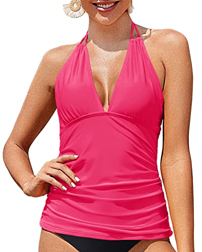 V Neck Halter Tankini Top No Bottom Tummy Control Swim Top-Neon Pink