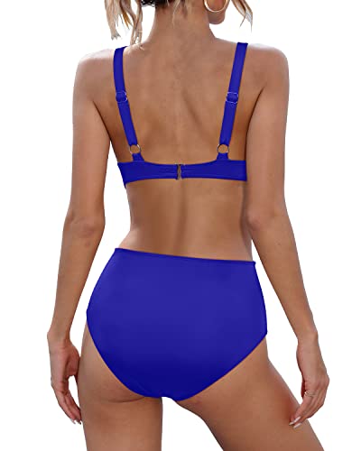 V Neck Two Piece Swimsuit High Waisted Tummy Control Bathing Suit-Royal Blue