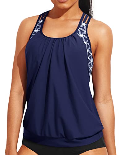 Ladies Racerback Bathing Suit Top Push Up Bra Tankini Top-Blue And White Stars