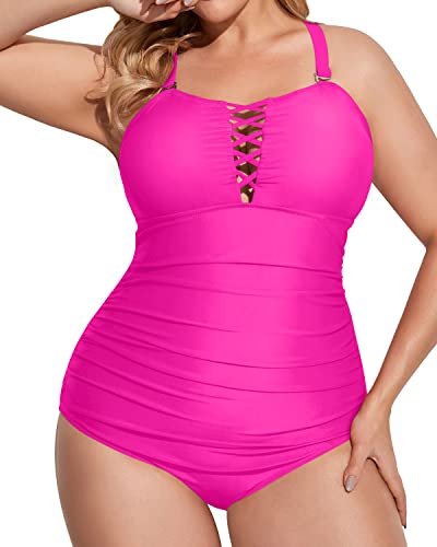 Lace Up Criss Cross Back Design Plus Size One Piece Swimsuits-Neon Pink
