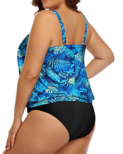 Women's Plus Size Two Piece Swimsuit Blouson Tankini Swimsuit-Blue Leaves