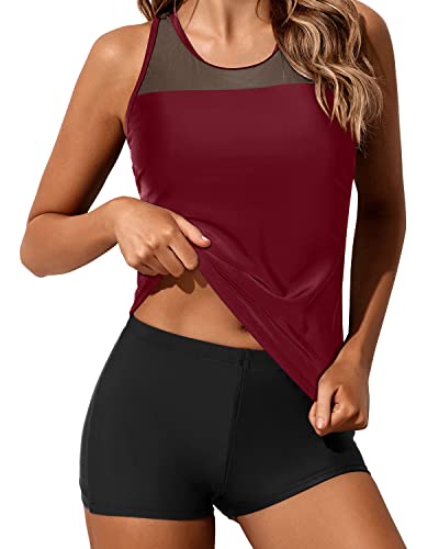 Sporty Two-Piece Tankini Swimsuit Boyleg Bottoms For Women's Swimwear-Maroon