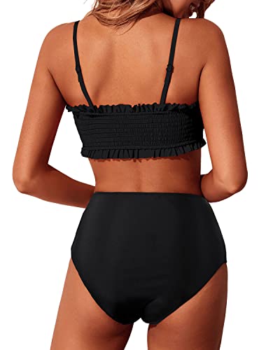 Strapless Women's Bandeau Bikini Set Two Piece Smocked Swimsuit-Black