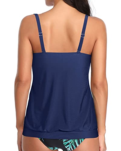 Athletic Tankini Bathing Top Adjustable Straps For Women-Navy Blue