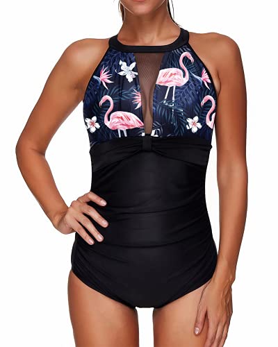 Ruched Retro Monokini Swimsuits For Women Tummy Control Mesh Bathing Suit-Black Flamingo