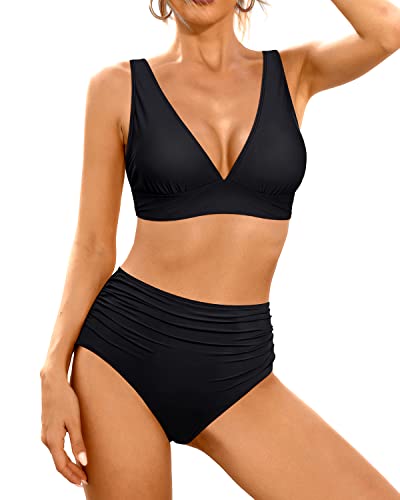 Women V Neck High Waisted Bikini Tummy Control Two Piece Bikini Set-Black