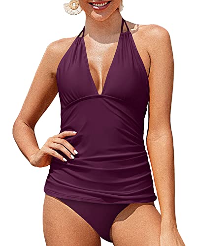 Backless Halter Tankini Swimsuits Ruched Bathing Suit-Maroon