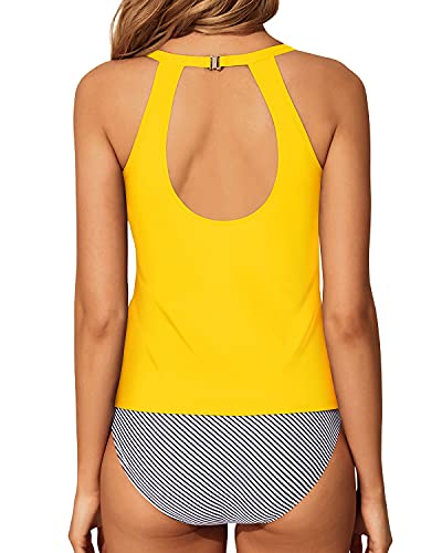 Tummy Control High Waisted Halter Tankini Swimsuits For Women-Yellow Stripe