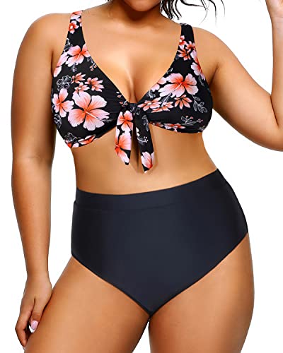 Slimming Plus Size Bikini High Waisted Swimsuits Two Piece Bathing Suits-Pink Flower