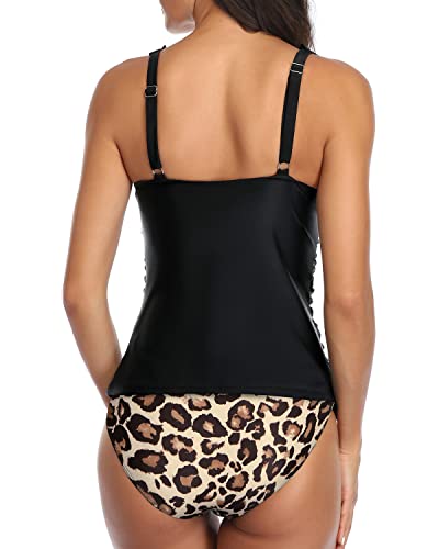 Push Up Padded Ruffle Tankini Bathing Suits For Women-Black And Leopard