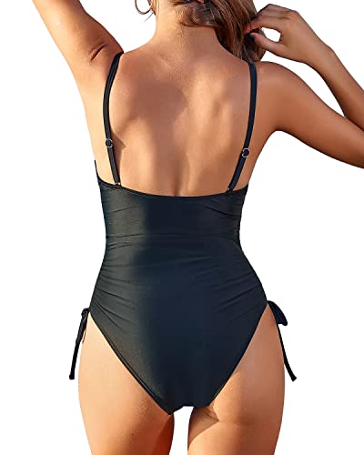 Ruched Bathing Suit Adjustable Leg-Cut Design For Women-Black