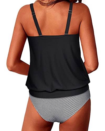 Tummy Covering Two-Piece Bathing Suits For Women Tank Tops Loose Fit-Black Stripe