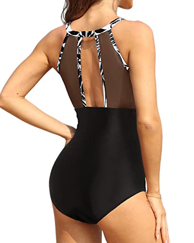 Tummy Control Bathing Suits For Women Ruched Retro Swimsuit-Black Leaves