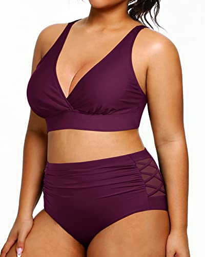 Plus Size Bikini High Waisted Two Piece Bathing Suit Tummy Control-Maroon