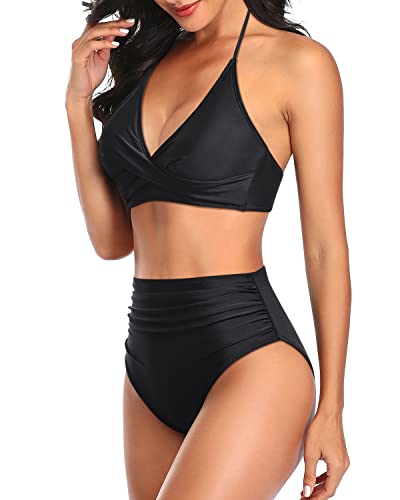 Twist Front Bathing Suit Supportive Halter Top Bikini Sets-Black