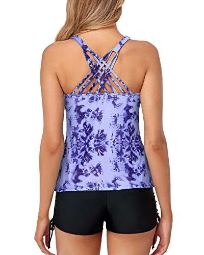 Sporty Modest Women's Tankini Swimsuits Long Tops-Blue Tie Dye