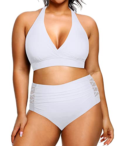 Women's Slimming Two Piece Plus Size Halter Bikini Swimsuit-White