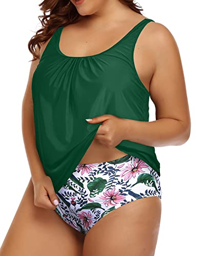 Full Coverage Plus Size Tummy Control Swimsuit Blouson Tankini For Women-Green Pink Flower