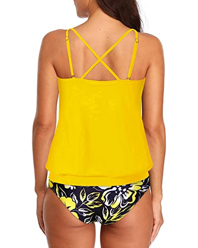 Athletic Blouson Tankini Swimsuits For Women Loose Fit-Yellow Floral