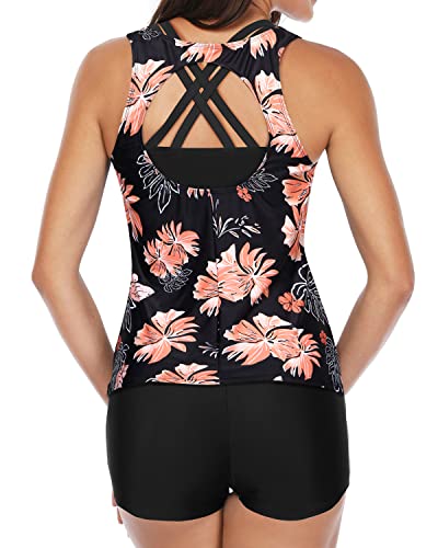 Athletic Tankini Boy Shorts For Women's Swimwear-Black Orange Floral